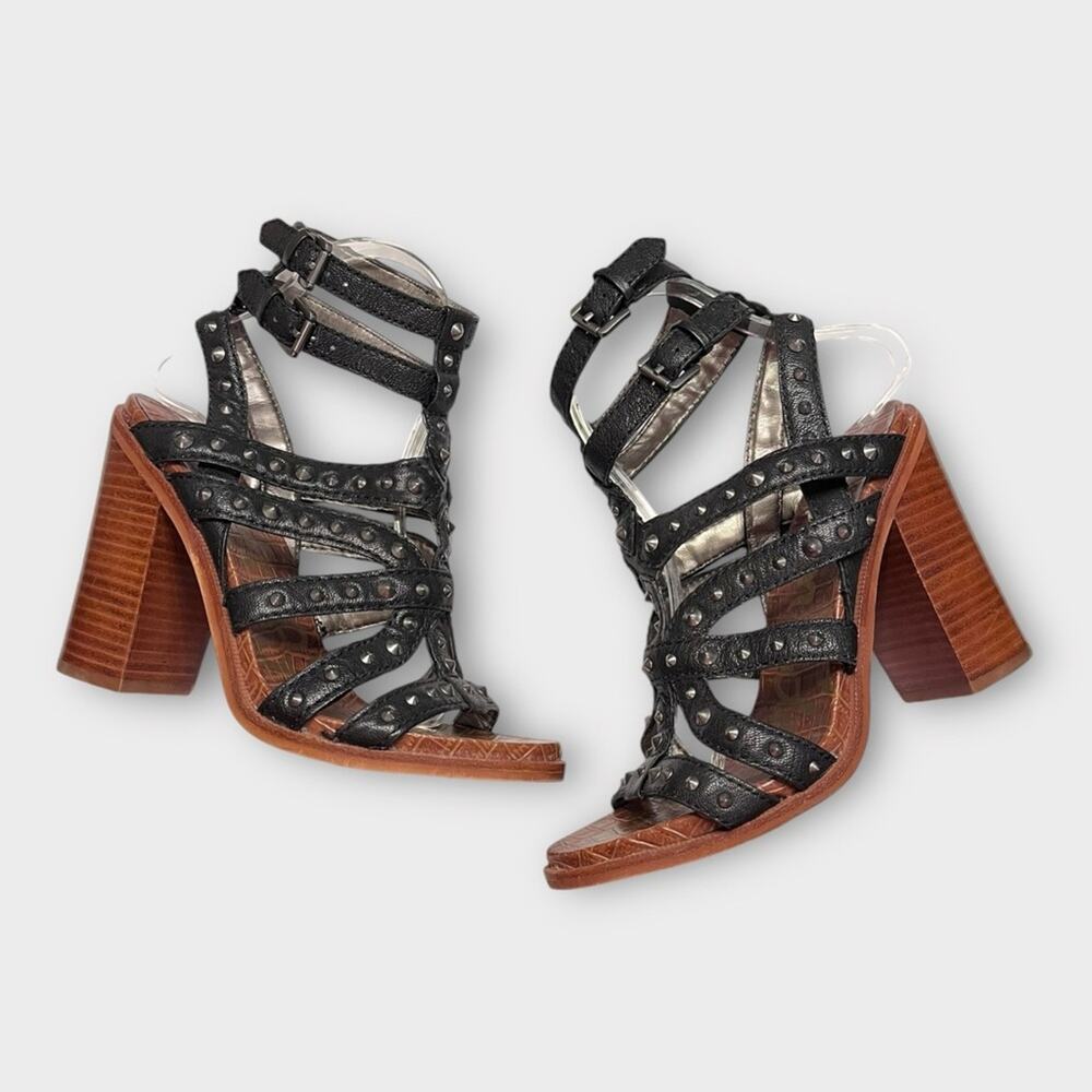 SAM EDELMAN Keith Black Leather Studded Heeled Sandals Size 7.5 - Picture 6 of 9